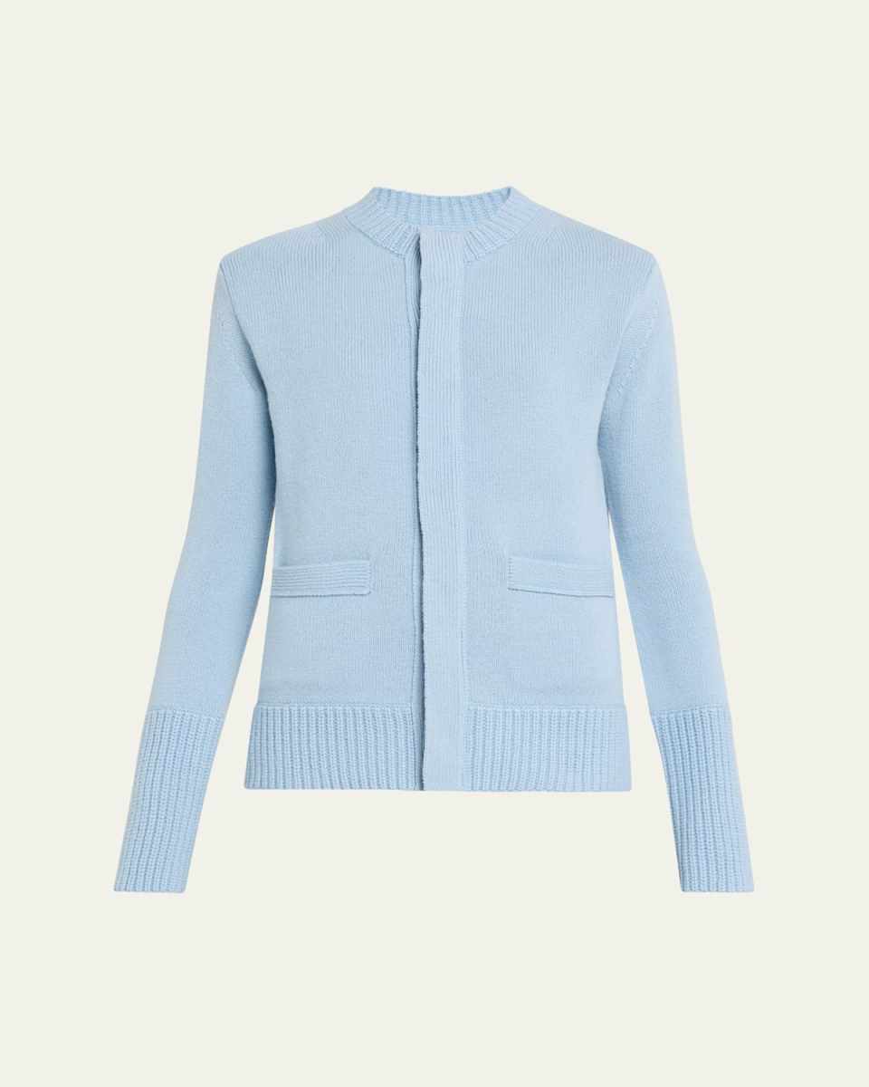 Ribbed-Edge Wool Crewneck Cardigan